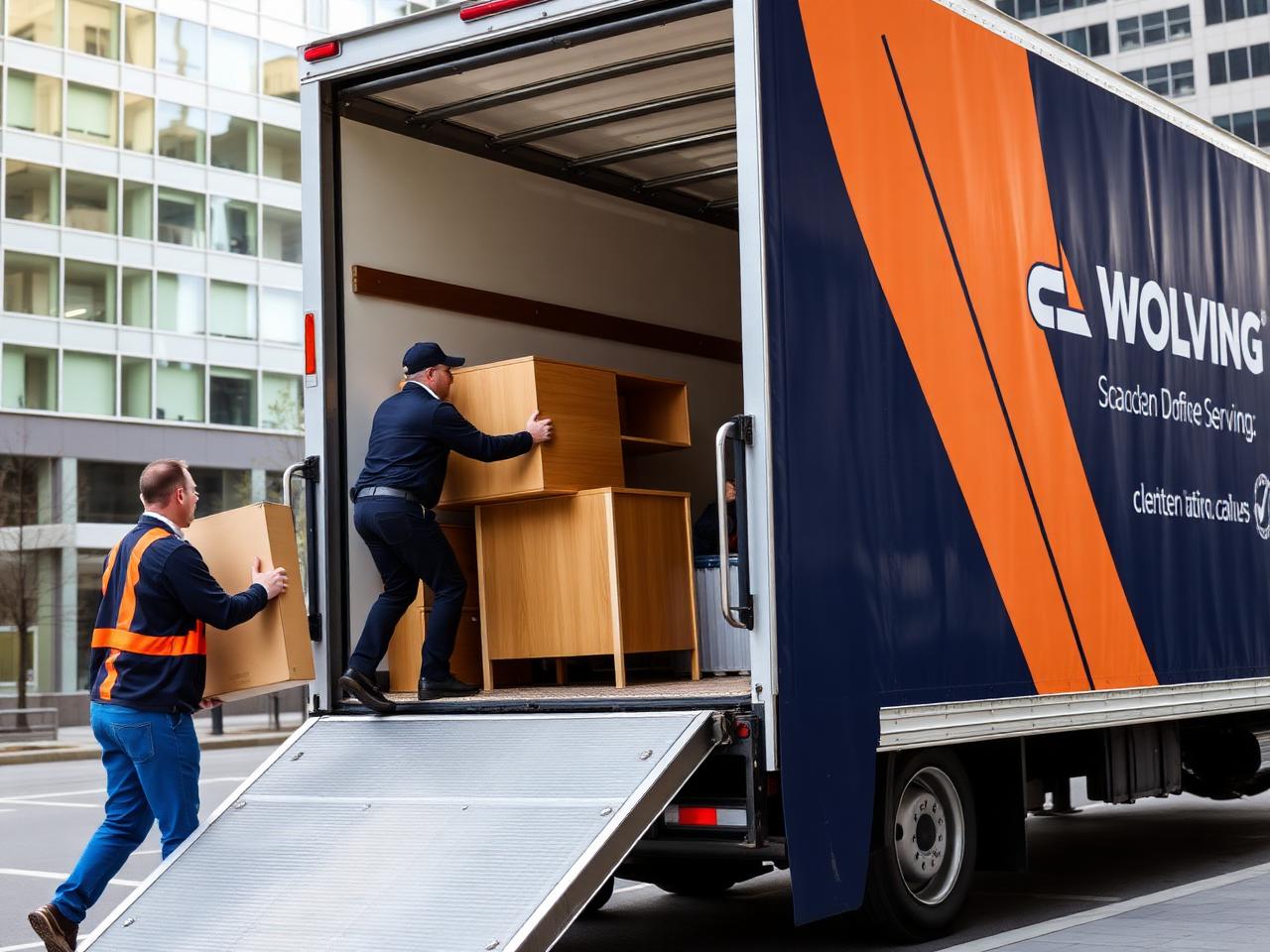 Commercial movers loading office furniture into a truck
