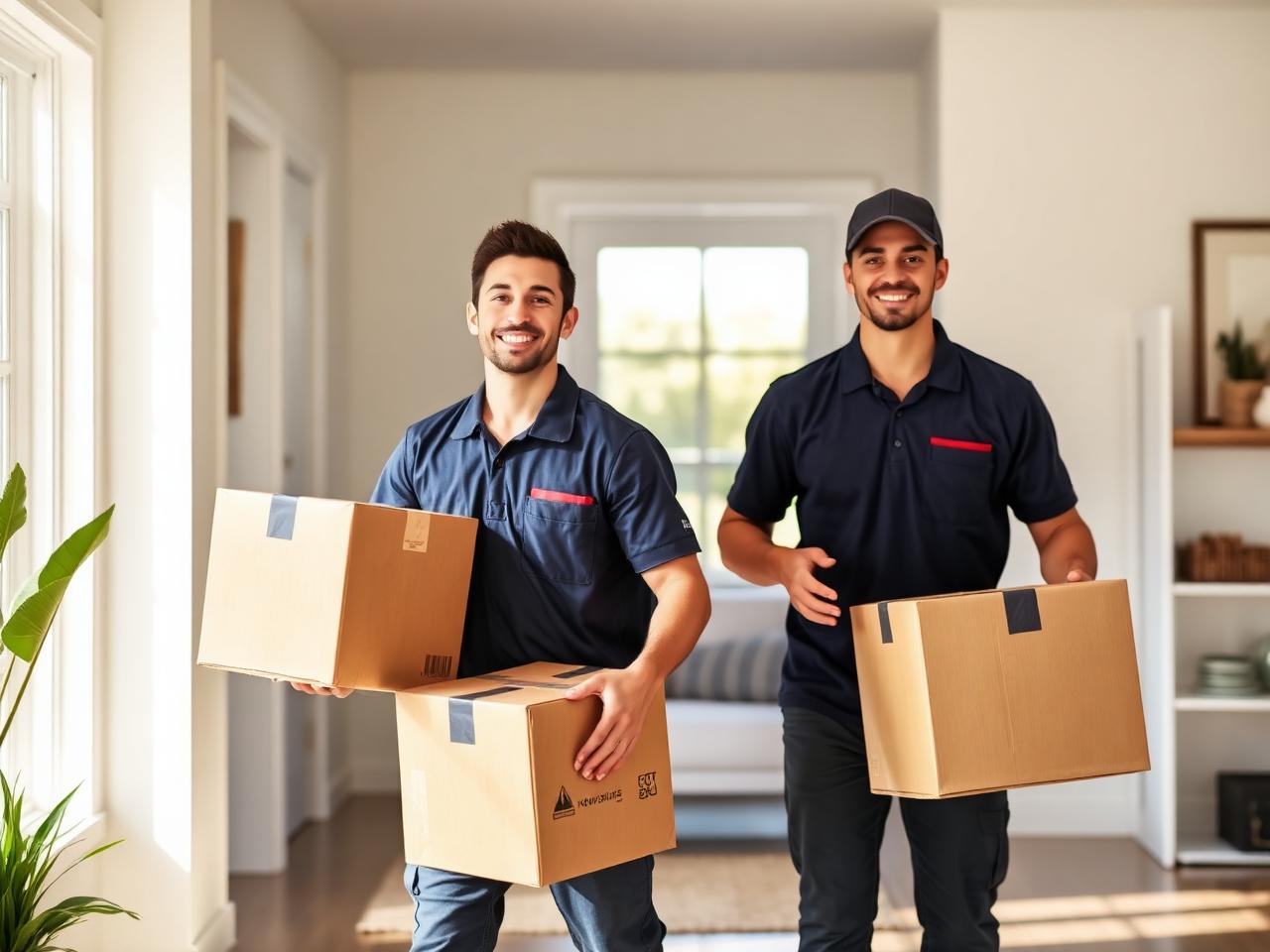 Professional movers carrying boxes into a home